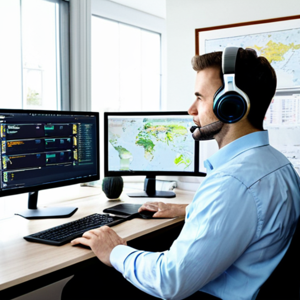 Modern Translator Workspace**

A professional translator working at a brightly lit desk, fully clothed in business casual attire, headphones on, with dual monitors displaying CAT tool software and a terminology database. The scene should emphasize efficiency and technology. Background: A clean, modern home office with bookshelves and a world map. safe for work, appropriate content, fully clothed, professional, perfect anatomy, correct proportions, natural pose, high quality.

**