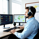 Modern Translator Workspace**

A professional translator working at a brightly lit desk, fully clothed in business casual attire, headphones on, with dual monitors displaying CAT tool software and a terminology database. The scene should emphasize efficiency and technology. Background: A clean, modern home office with bookshelves and a world map. safe for work, appropriate content, fully clothed, professional, perfect anatomy, correct proportions, natural pose, high quality.

**