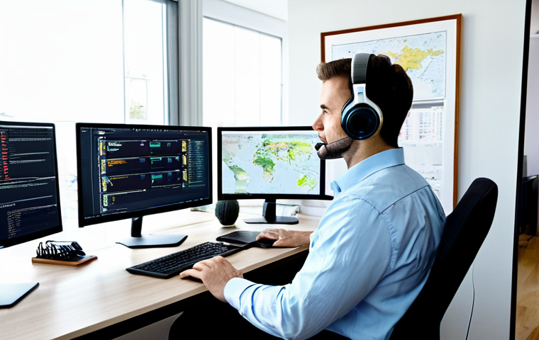 Modern Translator Workspace**

A professional translator working at a brightly lit desk, fully clothed in business casual attire, headphones on, with dual monitors displaying CAT tool software and a terminology database. The scene should emphasize efficiency and technology. Background: A clean, modern home office with bookshelves and a world map. safe for work, appropriate content, fully clothed, professional, perfect anatomy, correct proportions, natural pose, high quality.

**