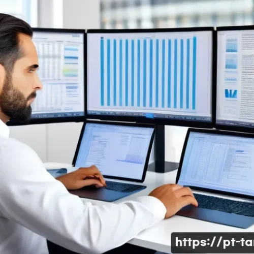 통번역사 전문 번역 분야 - A professional translator working in a modern office environment, surrounded by dual monitors displa...