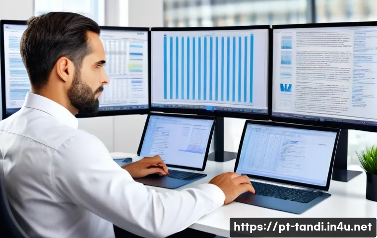 통번역사 전문 번역 분야 - A professional translator working in a modern office environment, surrounded by dual monitors displa...