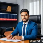 Home 19 통번역사 산업별 번역 수요 - A professional legal translator working in a modern office, surrounded by law books and multiple com...