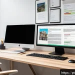 Home 18 통번역사 연봉협상 전략 - A professional freelance translator’s workspace showcasing a clean, organized desk with dual monitor...