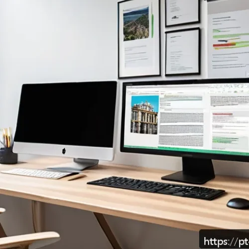 Home 30 통번역사 연봉협상 전략 - A professional freelance translator’s workspace showcasing a clean, organized desk with dual monitor...