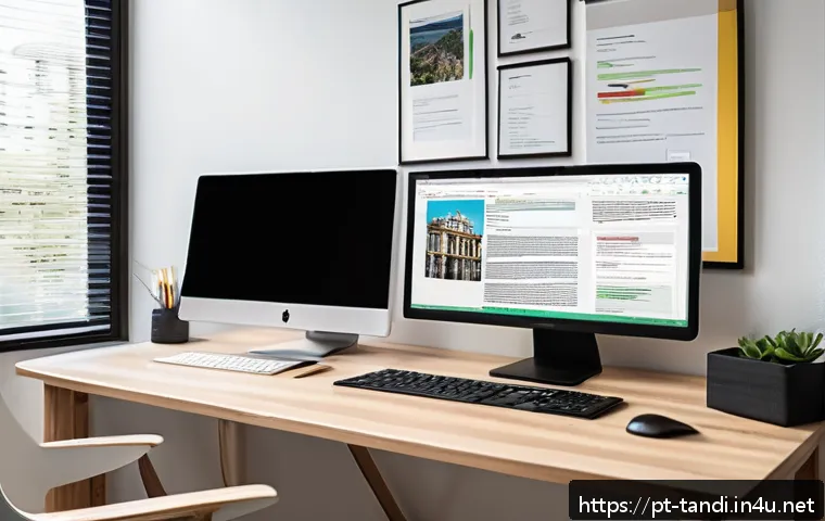 통번역사 연봉협상 전략 - A professional freelance translator&rsquo;s workspace showcasing a clean, organized desk with dual monitor...
