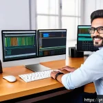 Home 23 통번역사 최신 번역 기술 - A professional translator working at a modern home office desk surrounded by multiple computer monit...