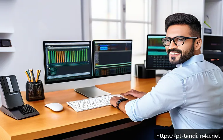 통번역사 최신 번역 기술 - A professional translator working at a modern home office desk surrounded by multiple computer monit...